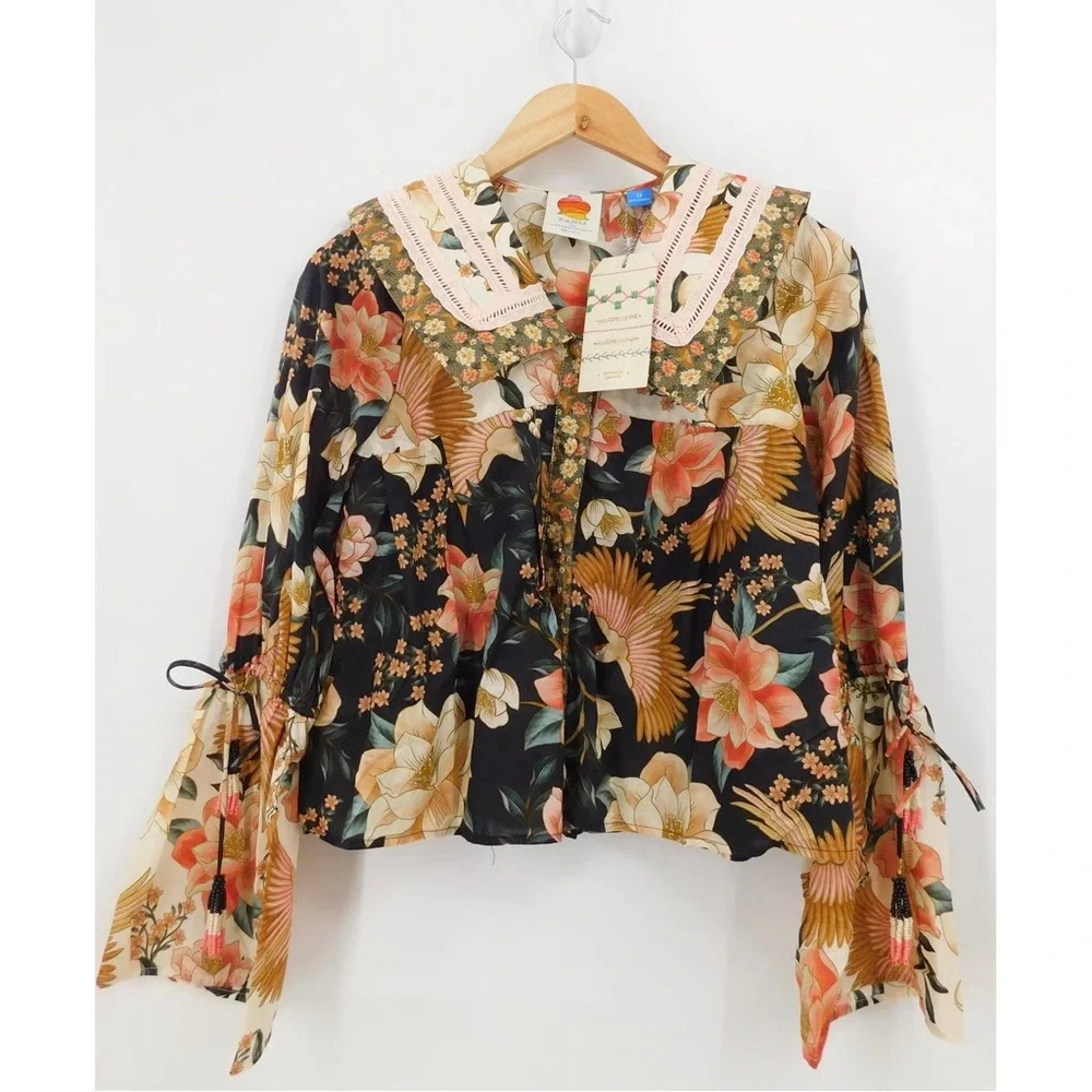 Farm Rio Long-Sleeve Collared Embroidered Blouse - Picture 2 of 7